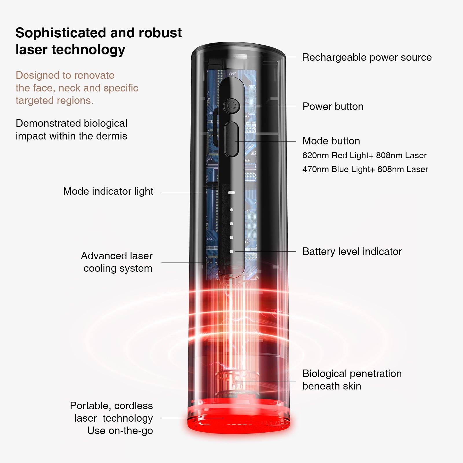 Dual Wavelength LED & Laser Facial Pen, 620nm Red & 470nm Blue Light Therapy Device for Anti-Aging - Image 3